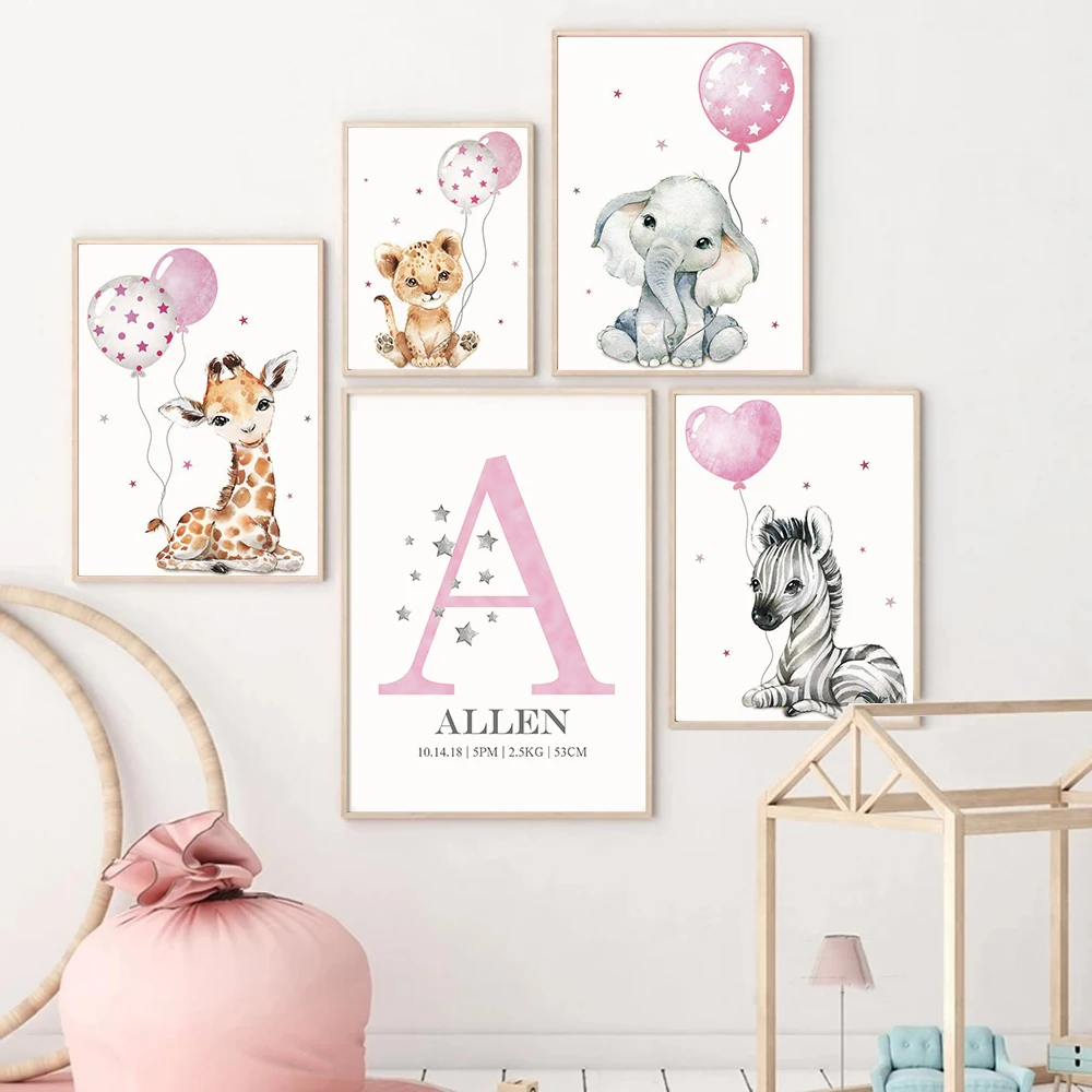 

Nursery Wall Art Personalize Girl Name Poster Print Elephant Tiger Giraffe Zebra Canvas Painting Customize Bedroom Pictures Art