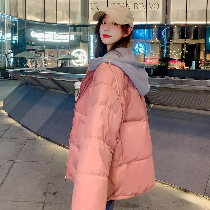 Women Thick Bread Jacket Short Down Cotton Parkas Overcoat Korean Style Loose Winter 2023 New Fake Two-piece Hooded Tops Coats