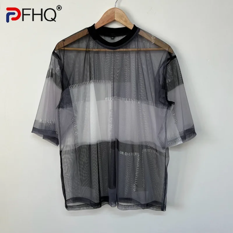 

PFHQ Summer Men's Perspective Mesh Ink Letter Print Art T-shirt Tide Cool Street Thin Breathable Simple Creativity Tees 12Z1481