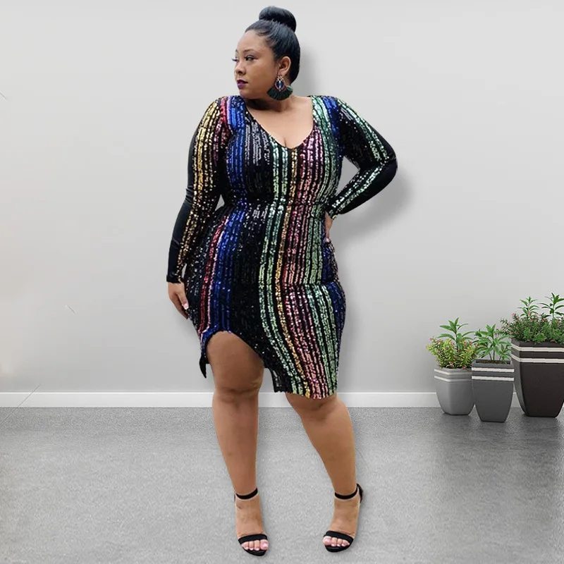 Plus Size Evening Sequin Dress V Neck Split Club Clothing Female Luxury Elegant Robe 2023 Summer Women Trendy Party Mini Dress