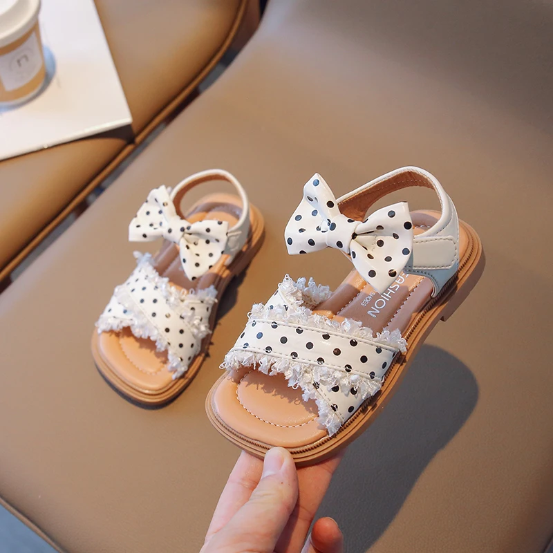 

Soft Polka Dot Printing Kids Sandals Girls Bow Versatile Flats Open-toe Breatheable Children Casual Shoes Drop Shipping 2023 PU