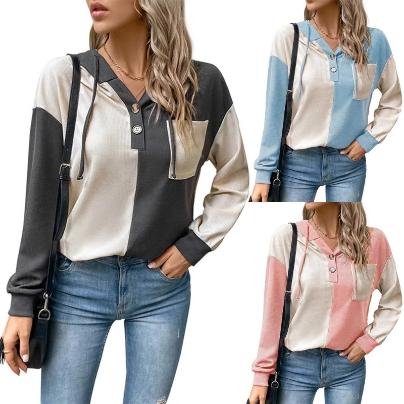 

Fashion Forward Women's Hooded Pullover with Color Blocking Casual Loose Tops