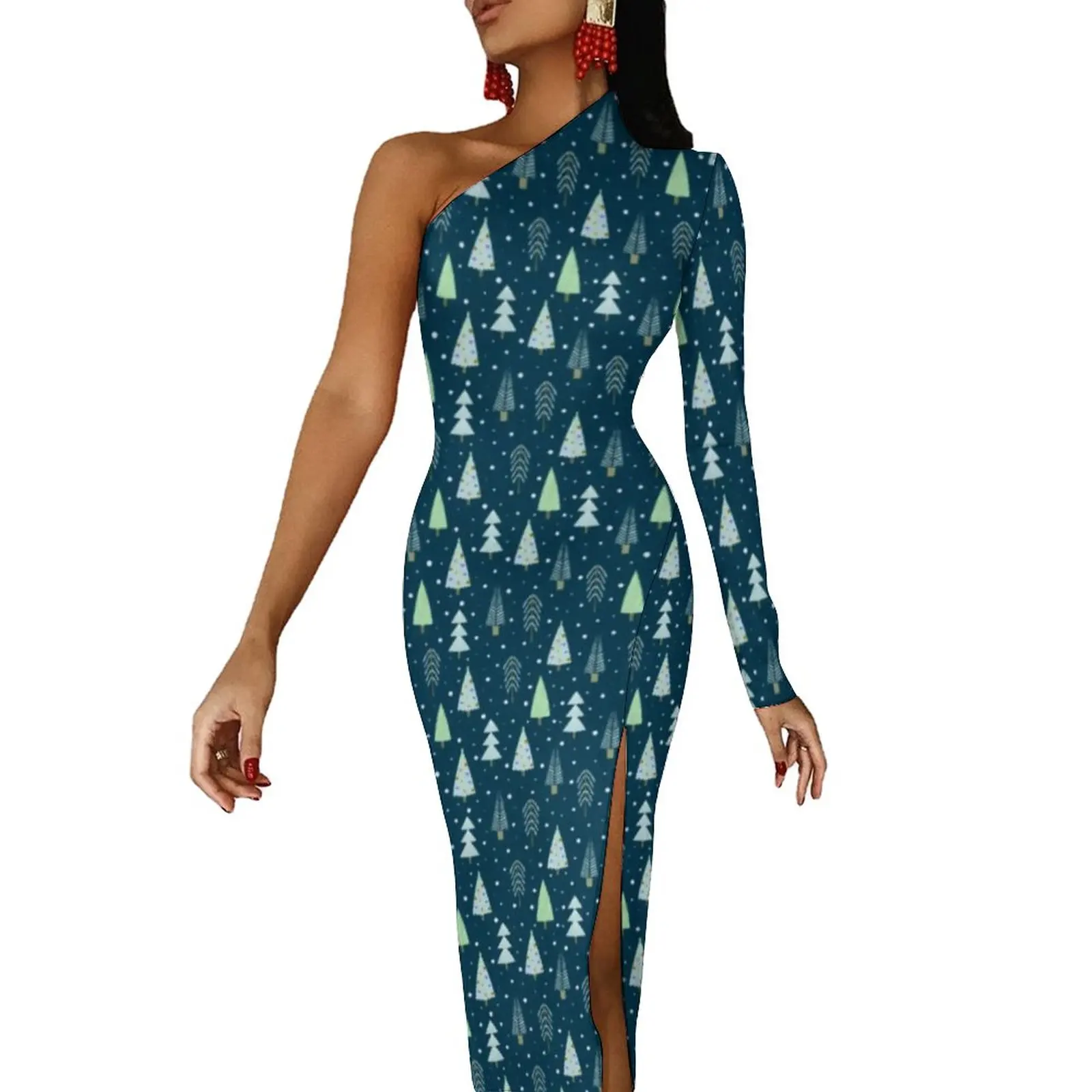 

Forest Trees Maxi Dress One Shoulder Modern Winter Christmas Streetwear Bodycon Dresses Side Split Elegant Dress Print Vestidos
