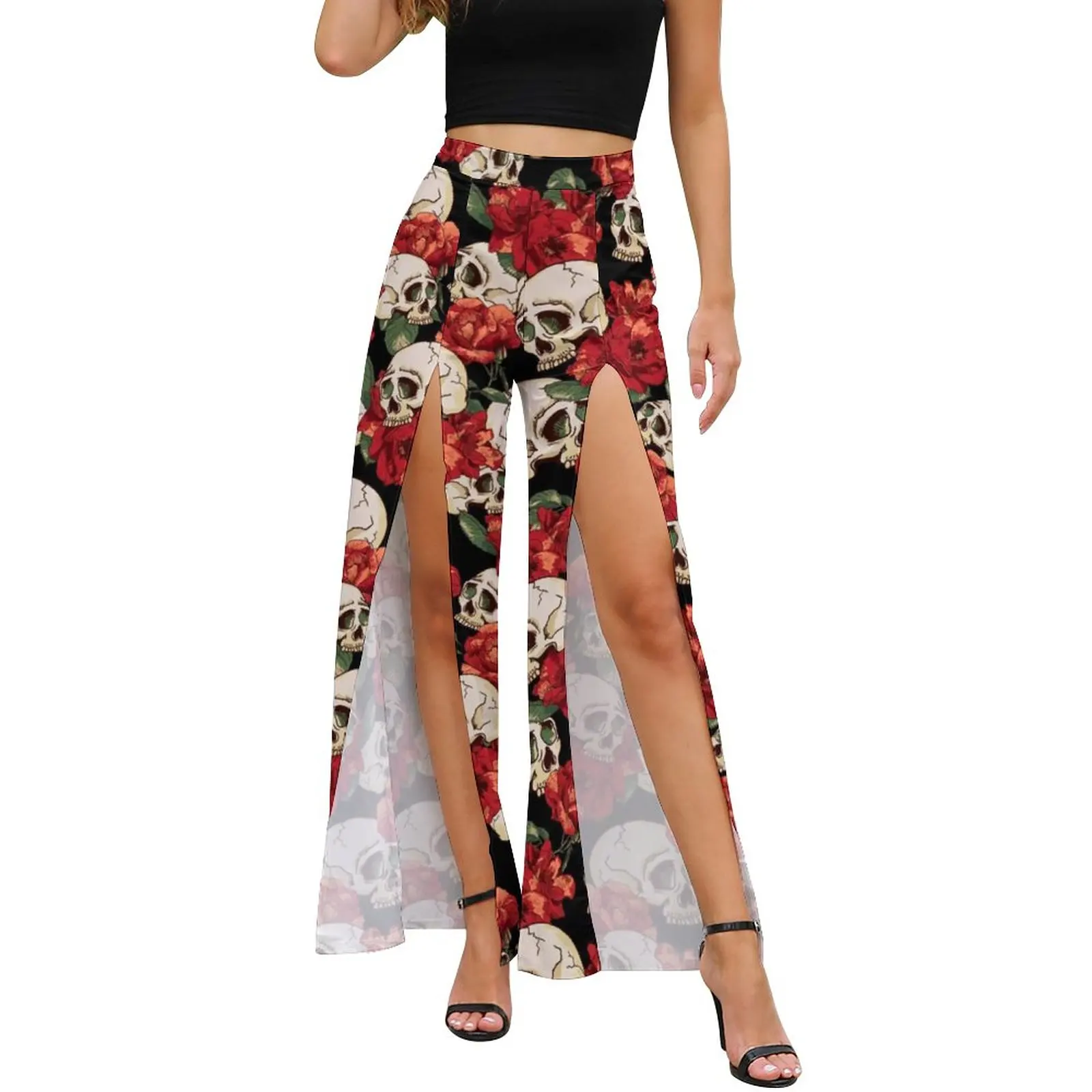 

Halloween Day Of The Dead Pants Summer Skull and Flowers Print Modern Wide Pants Cheap Womens High Waist Slit Beach Trousers