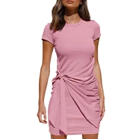 woman short sleeve mini dress waist wrap knot dresses for women solid color casual summer dress ladies vestidos fashion dress