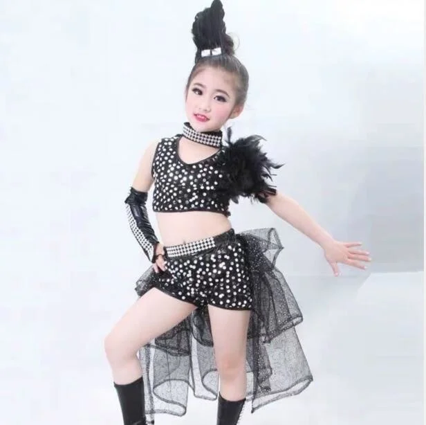 

Детское платье для латиноамериканской девушки, танцевальные костюмы в стиле пэчворк с блестками, детская черная танцевальная одежда в современном стиле
