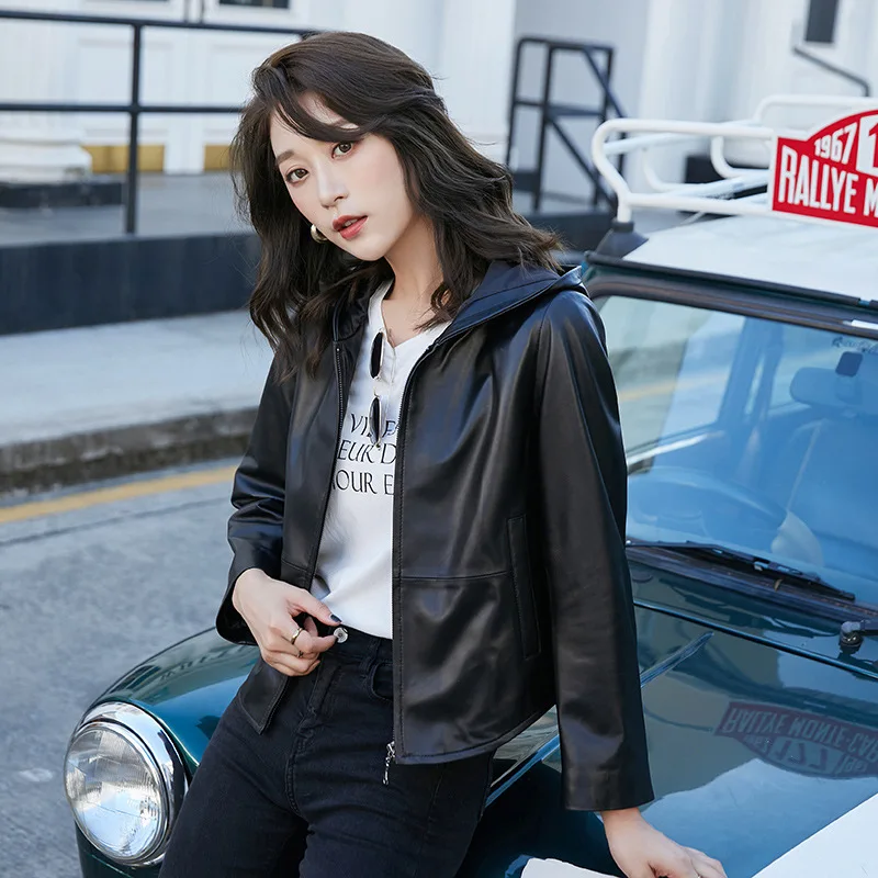 Fashion Genuine Leather Jacket Black Hooded Leather Coats for Women Clothing Korean Casual Short Leather Jackets Casaco Feminino