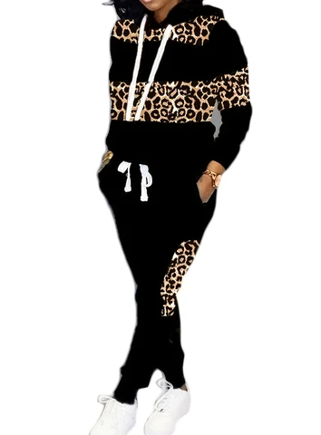 Женский костюм-двойка с леопардовым принтом, толстовка с длинными рукавами и штаны с высокой талией, Осень-зима 2023