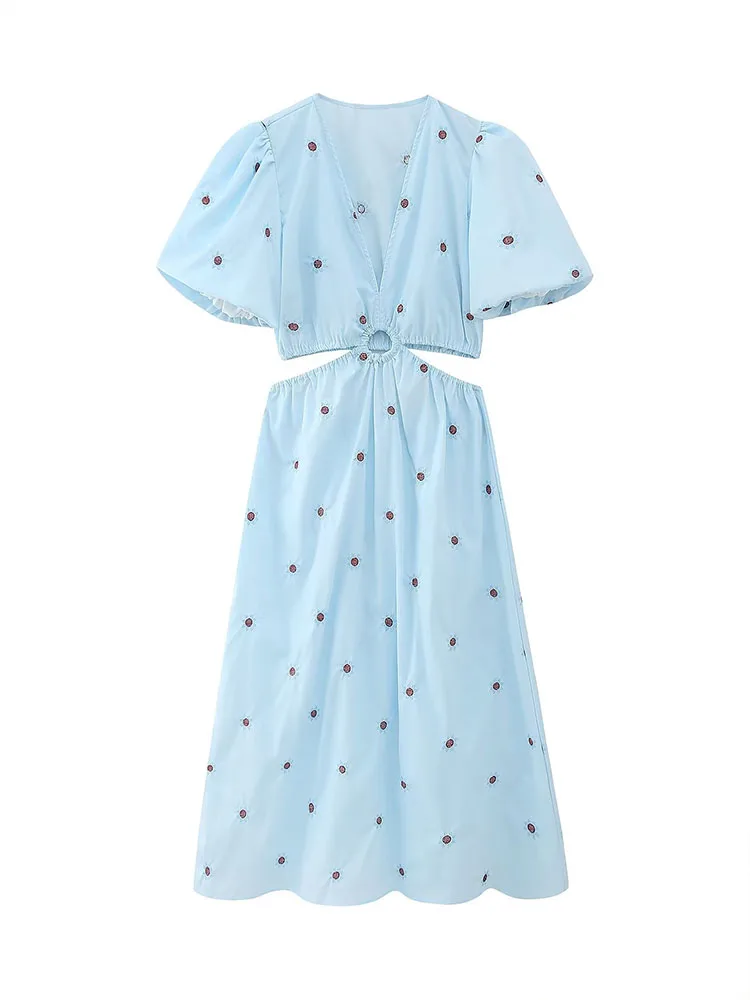 

PB&ZA Women New Fashion Embroidered Dress Vintage Short Sleeve V-Neck Hollow Casual Chic Female Dresses Vestidos robe Mujer