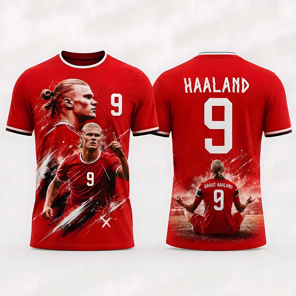 Фото Футболка Haaland 9 Red Graphic T-Shirts для футбольных фанатов, новая летняя сетчатая майка 2026 года, мужская и женская повседневная спортивная футболка с коротким рукавом в стиле Y2K №3