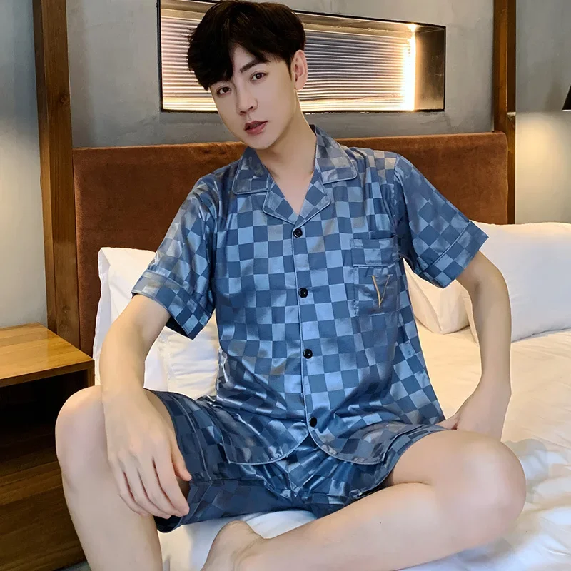 Мужские летние шелковые пижамы с короткими рукавами из тонкого ледяного шелка