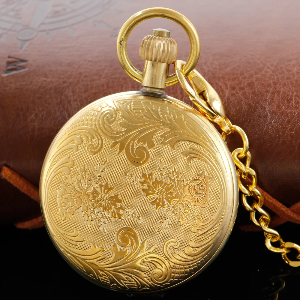 Deluxe Gold Flywheel Mechanical Automatic Chord Pocket Watch Roman Digital Skull Dial Pendant Automatic Antique Clock Gift