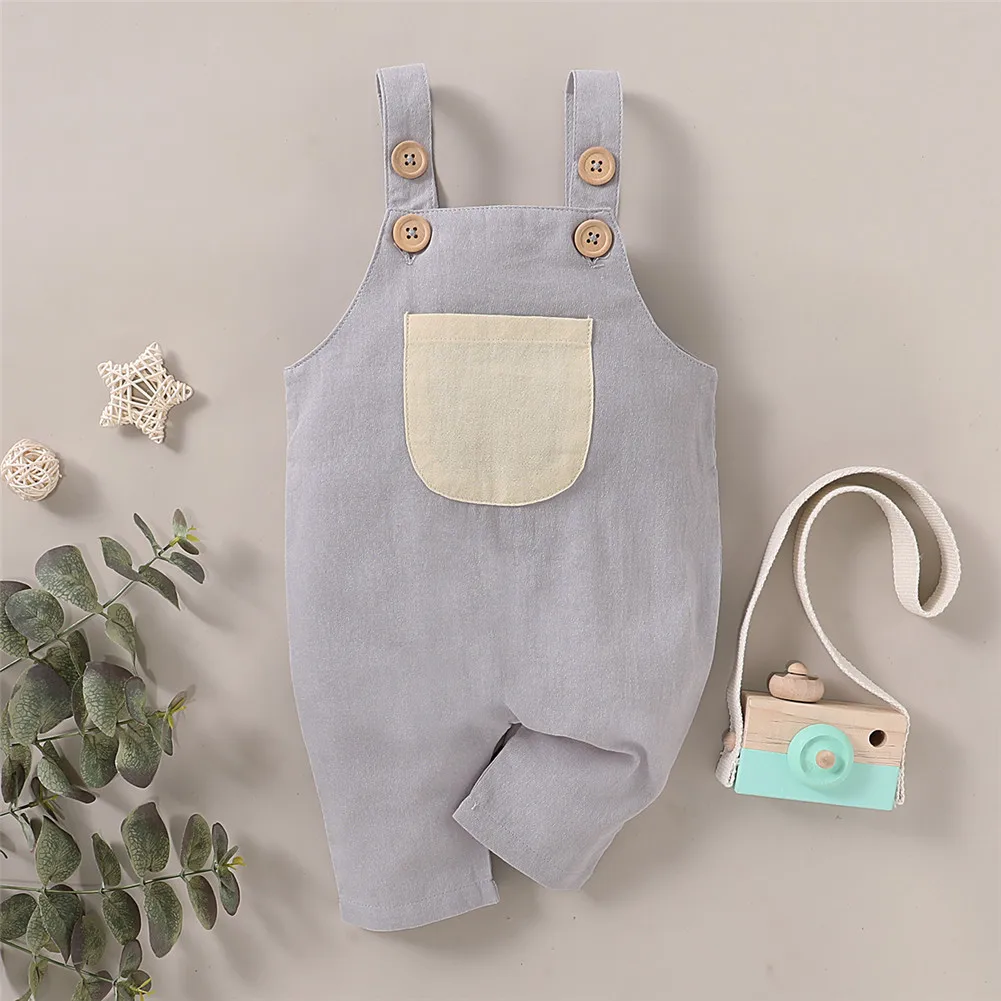 

202 Baby Summer Clothing Newborn Infant Baby Boys Girls Clothes Strap Romper Sleeveless Jumpsuit Solid Overalls Pocket Outfits