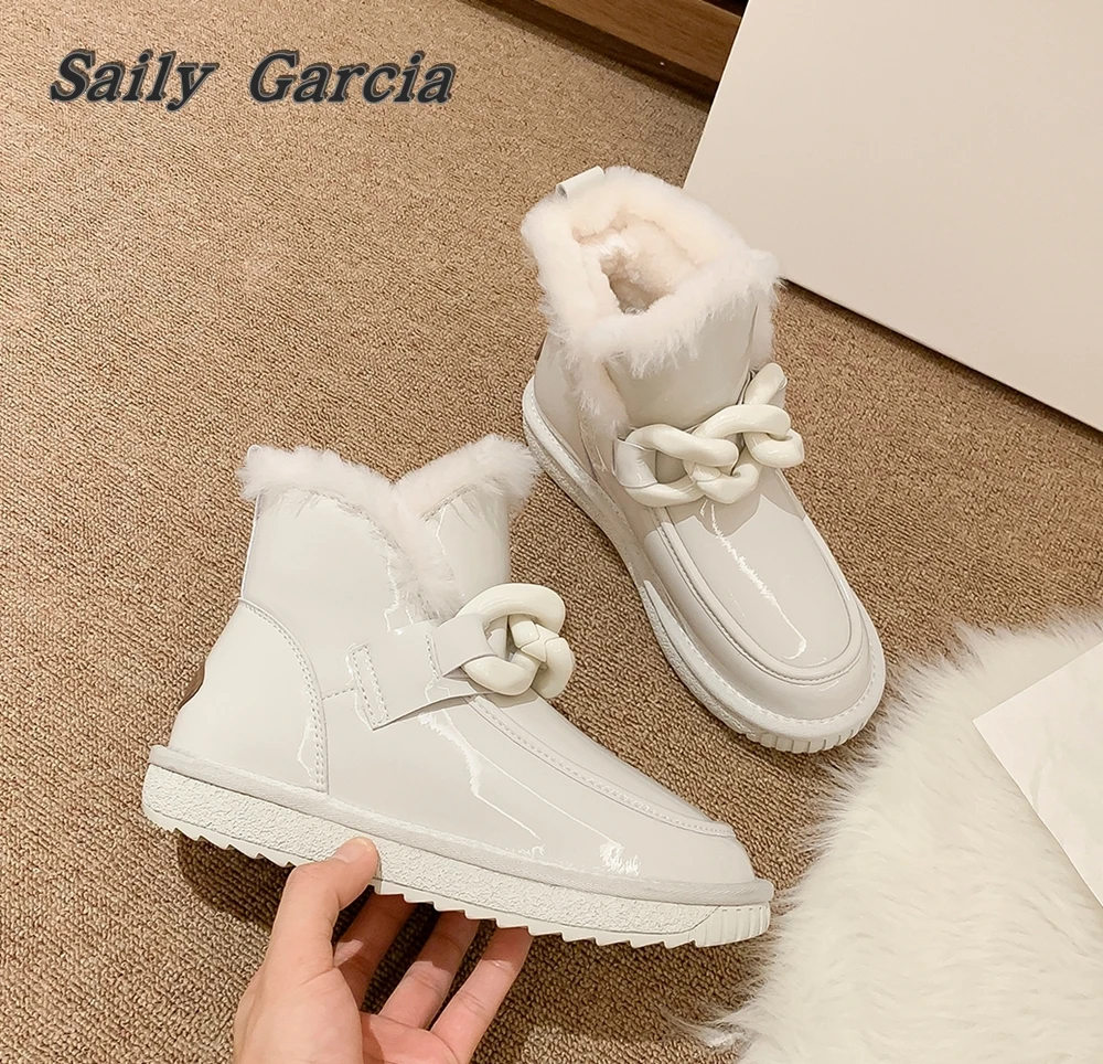 

Genuine Leather Metal Buckle Slip On Snow Boots 2023 Winter New Fashion Solid Boots Round Toe Non Shlip Keep Warm Boots