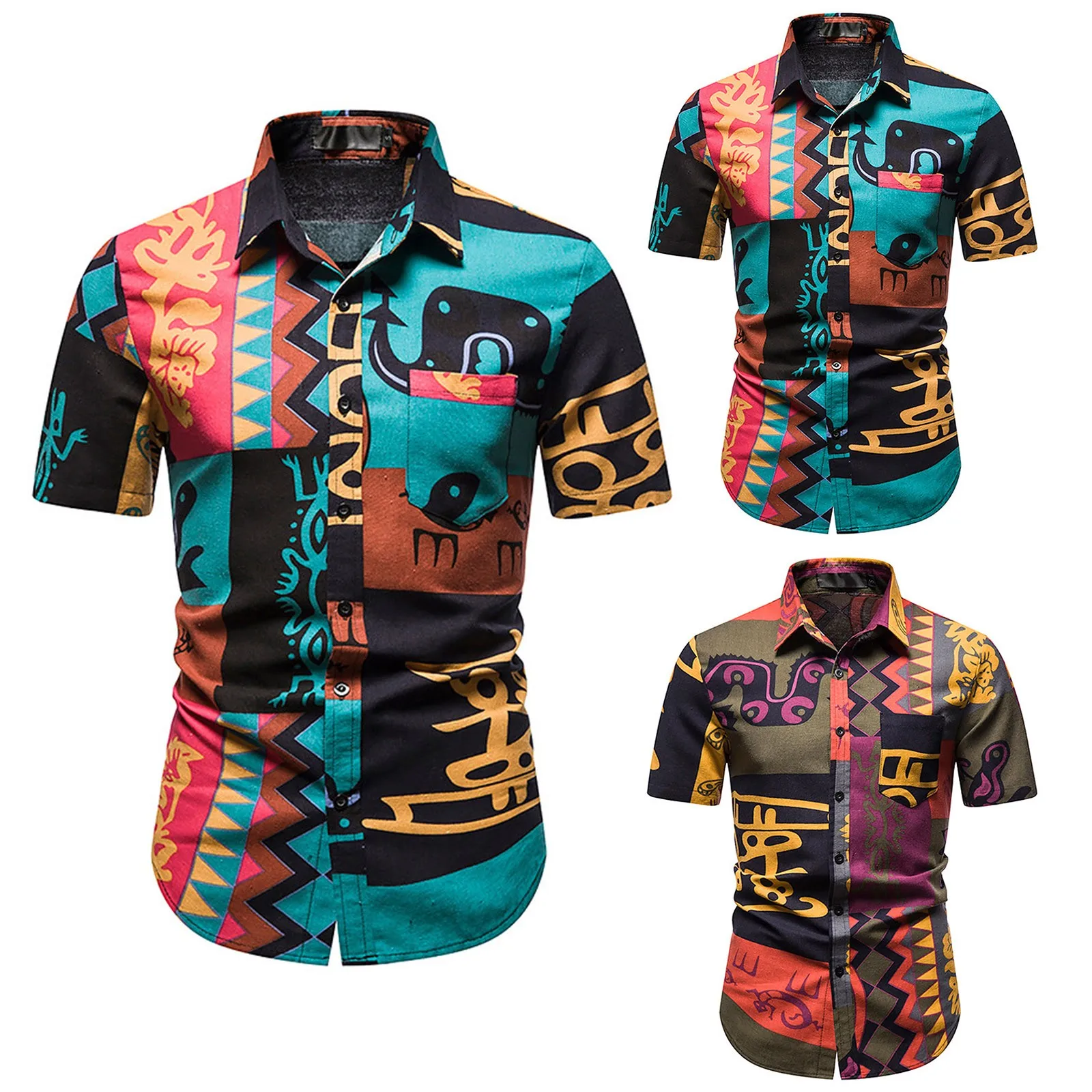 

Mens 3D Digital Printing Pocket Buckle Lapel Short Sleeve Shirt Ken Doll Costume