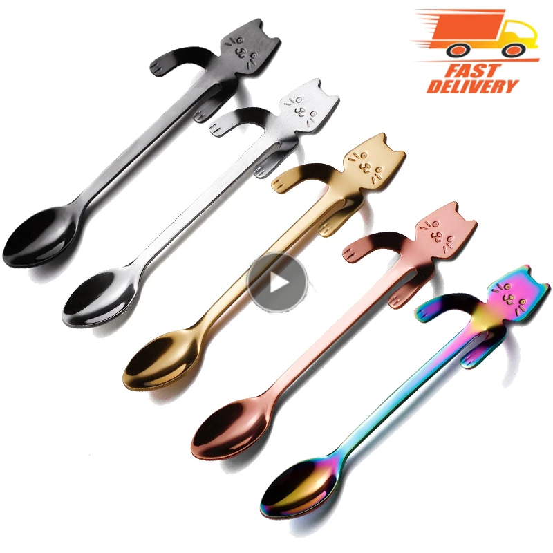 

Stainless Steel Spoons Lovely Cartoon Cat Hanging Coffee Cup Hanging Spoon Ice Cream Dessert Teaspoon Creative Kitchen Accessory