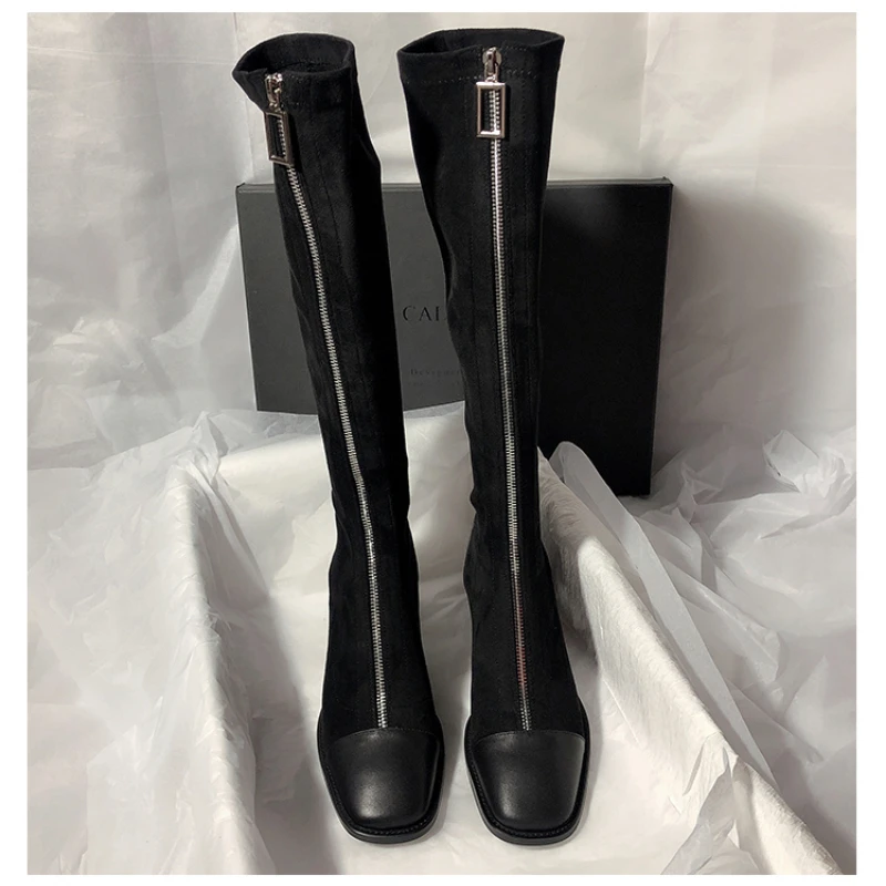 

Retro But Knee-length Boots Women High-heeled Elastic Thin Skinny Matching Knight High Tube All-match Square Head Women Boots