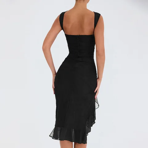 Y2K Elegant Ruffle Ruched Midi Dress Women Sexy Sleeveless Backless Midi Bodycon Dress Ruched Zipper Club Party Dress Vestido