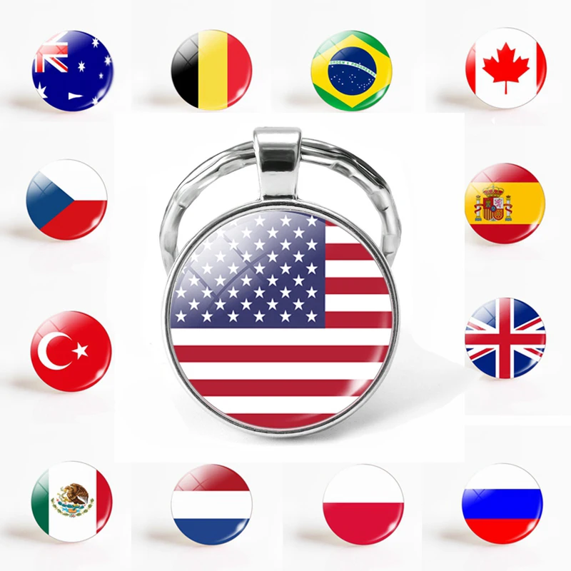 

Flag USA UK Brazil Russia Spain Glamour Glass Dome Keyring Key Ring Punk Women Men Fashion Accessories Keychain Souvenir Gifts