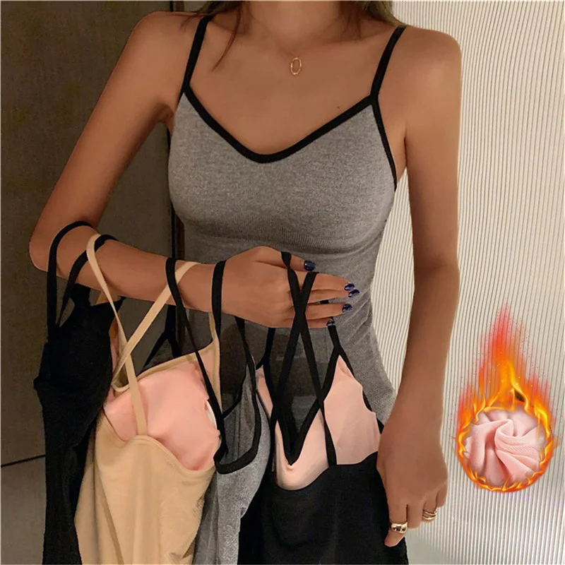 

Winter Women Thermal Vest Velvet Underwear Thick Warm Cross Strap Tank Top Fleece Camisole Slim Warm Sling Female Thickened Vest