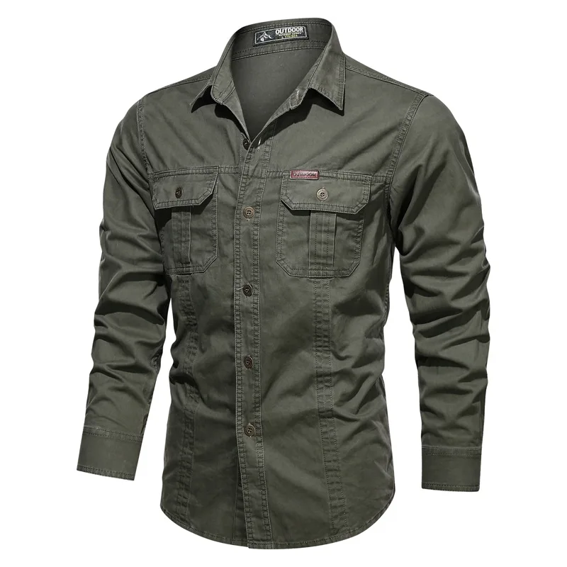 

New Men's Casual Shirts Long Sleeve Pure Cotton Shirt Male Solid Oversize Military Cargo Shirts Brand Clothes Army Green Camisa