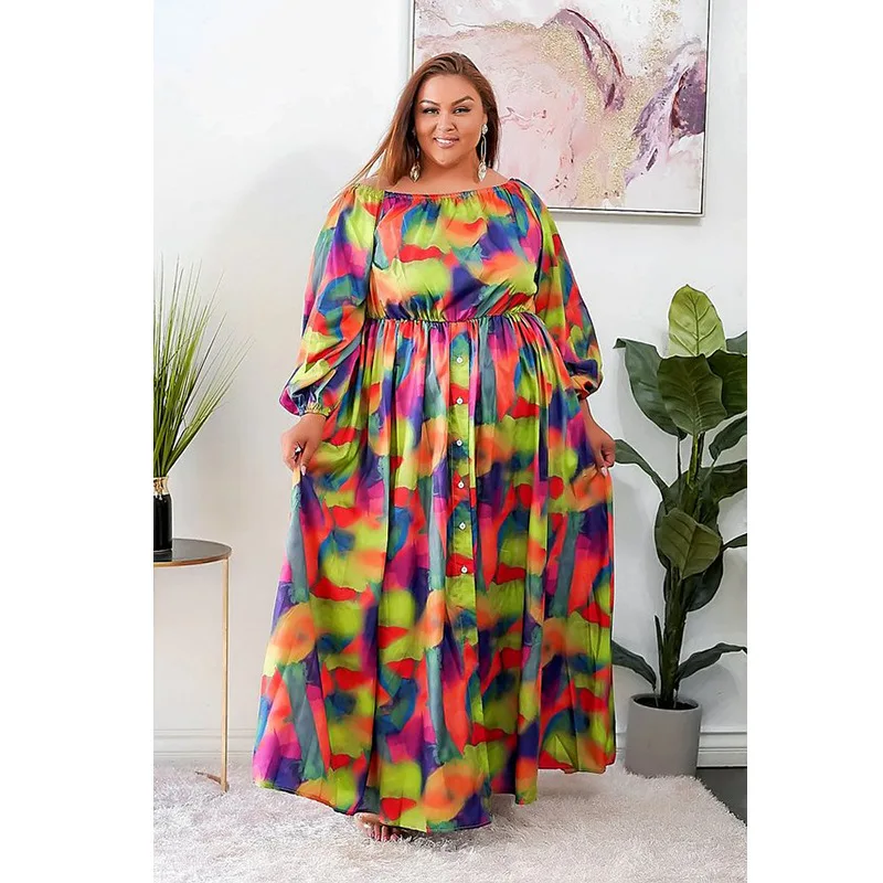 

Plus Size Dress Printed Contrast Color Graceful and Fashionable Button Loose Big Hem Dress