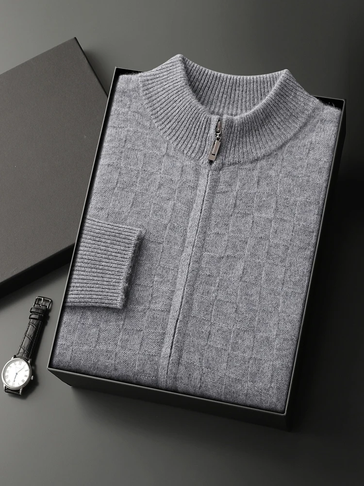 100% кашемир мужской вязаный свитер на молнии клетчатый кардиган с