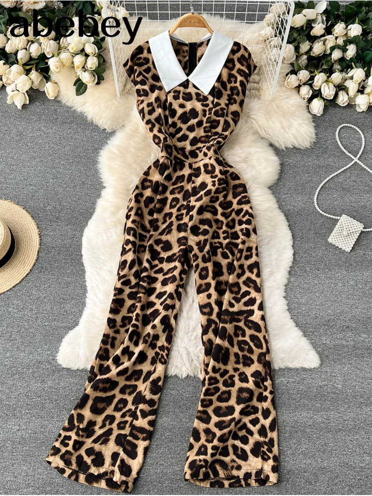 

Summer Sexy Leopard Romper Women Elegant V-Neck Sleeveless High Waist Jumpsuit Female Loose Wide Leg Playsuits Fashion