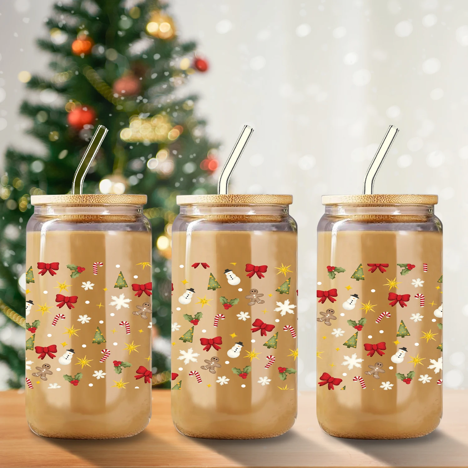 1 шт. 3d 360 ° стеклянная чашка с рисунком крышкой и соломинкой Рождественская