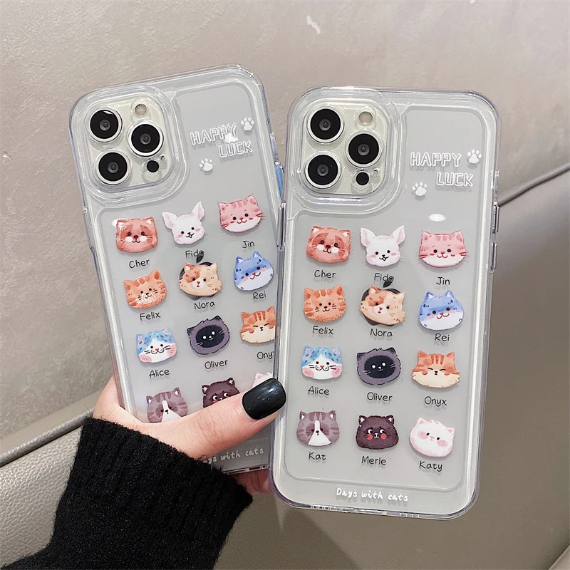 

Cute Cartoon Happy Luck Family Cats Phone Case For iPhone 11 12 13 Pro Max XS X XR 7 8 Plus Shockproof Soft Bumper Cover