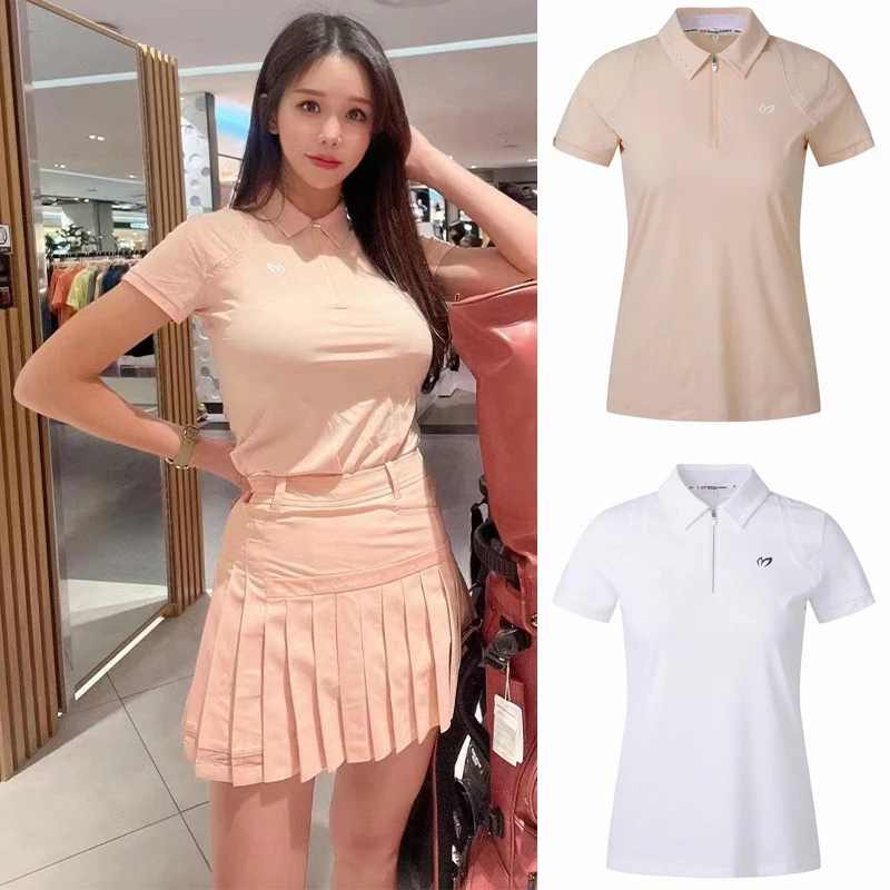 

Korean Golf Apparel 23 Summer Women's Sports Leisure Fashion Age Reducing Slim Fit Polo Neck Zipper Short Sleeve Top