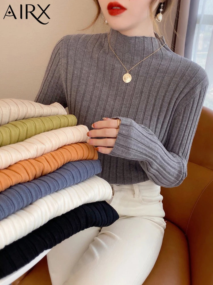 

AIRX Half Turtleneck Knitted Sweater Women Autumn Winter Slim Fit Thin Long Sleeve Tops Solid Color Pullover