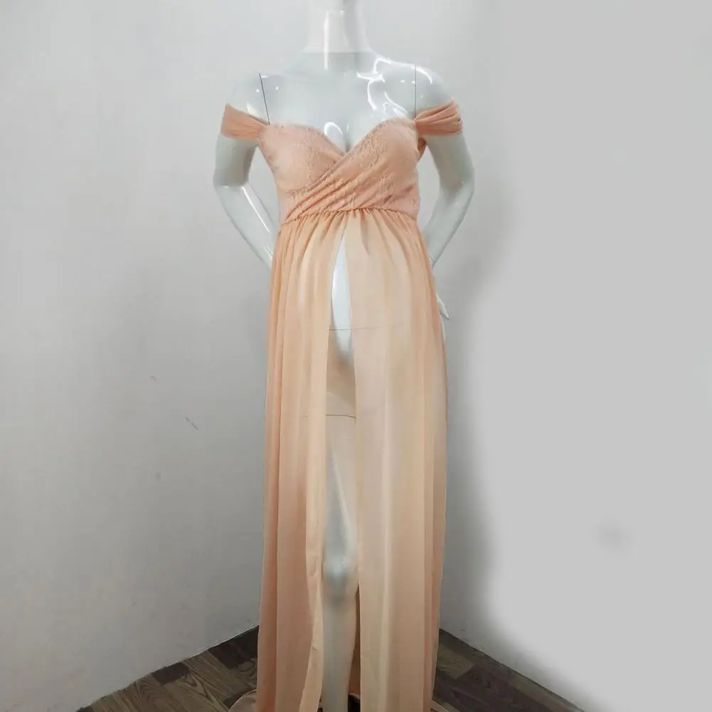 

Maternity Dress Short Sleeve Soft Texture Intellectual Pure Color Pregnant Dress Photography Prop Maxi Gown for Daily Wear