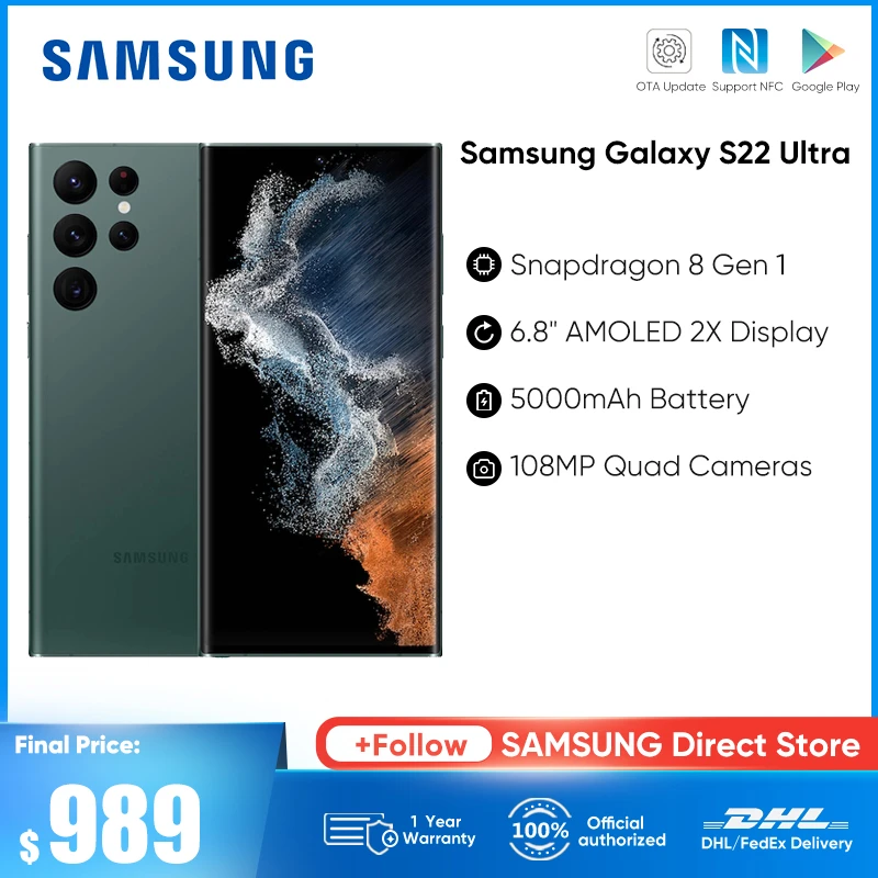 

Original Samsung Galaxy S22 Ultra Smartphone SM-S9080 Snapdragon 8 Gen 1 Android 12 Phone 6.8" AMOLED 2X Display 5000mAh Battery
