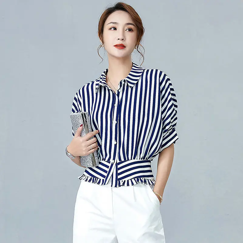 

Summer Fashion Striped Turndown Collar Short Sleeve Shirt Loose Casual Vintage Women's Clothing Blouse Blusas Mujer De Moda E135