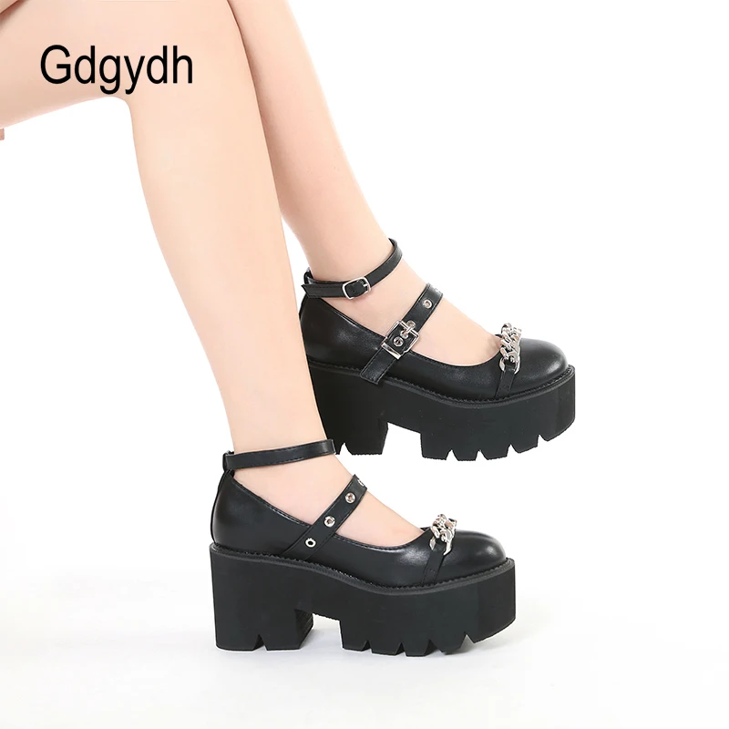 Gdgydh Lolita Shoes Mary Jane Round Toe Chunky Heel Platform Pumps for Women with Chain Plus Size Casual Footwear Comfortable