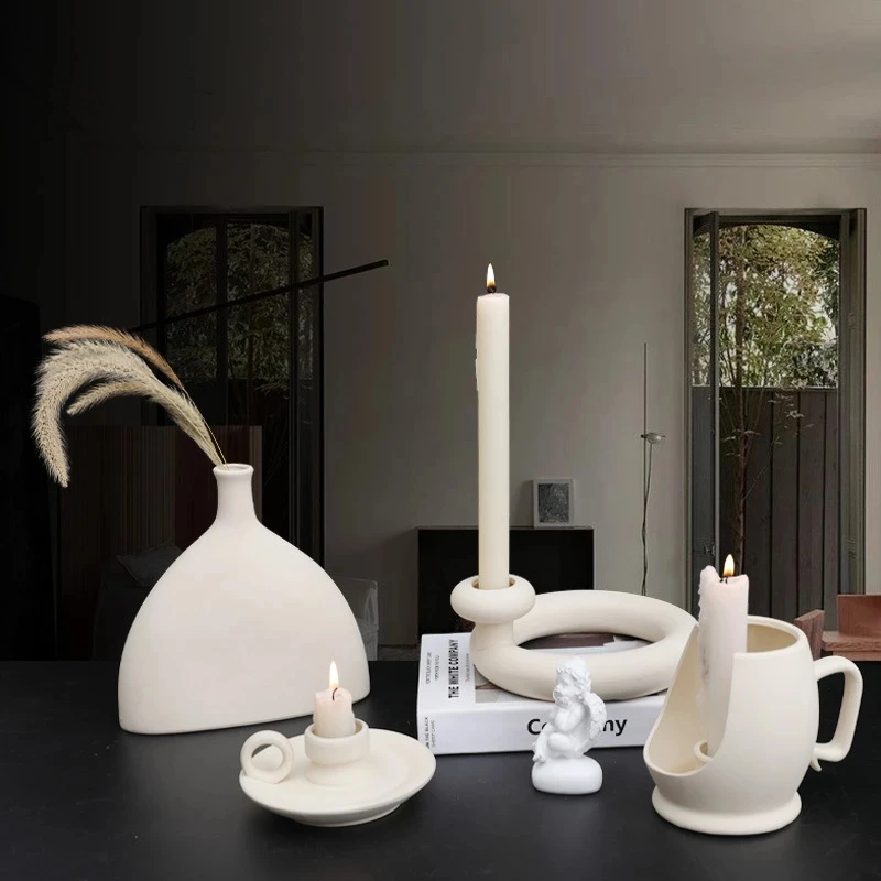 Nordic White Ceramic Vegetarian Candle Small Fresh Holder Figurines Modern Candlestick Ornament Home Interior Desktop Decoration