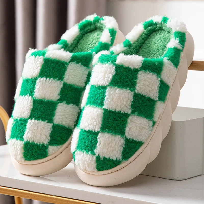 Women's Fashion Checkerboard Slippers Winter With Plush Cotton Drag Men's Non-Slip Thick Sole Indoor Slippers