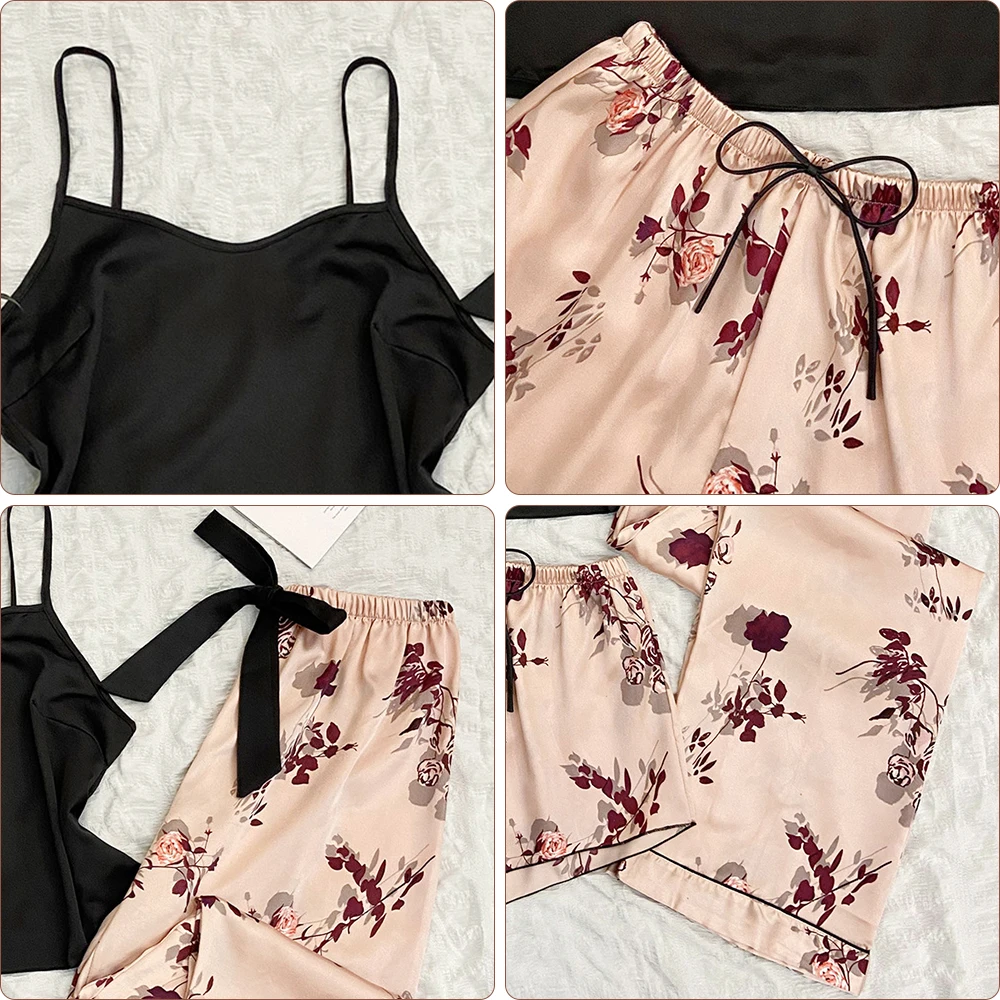 New Sleepwear Women's Soft Ice Silk Sexy Strap Pants Set Elegant Fashion Satin Print Pajamas Home Wear Casual Home Shorts Set