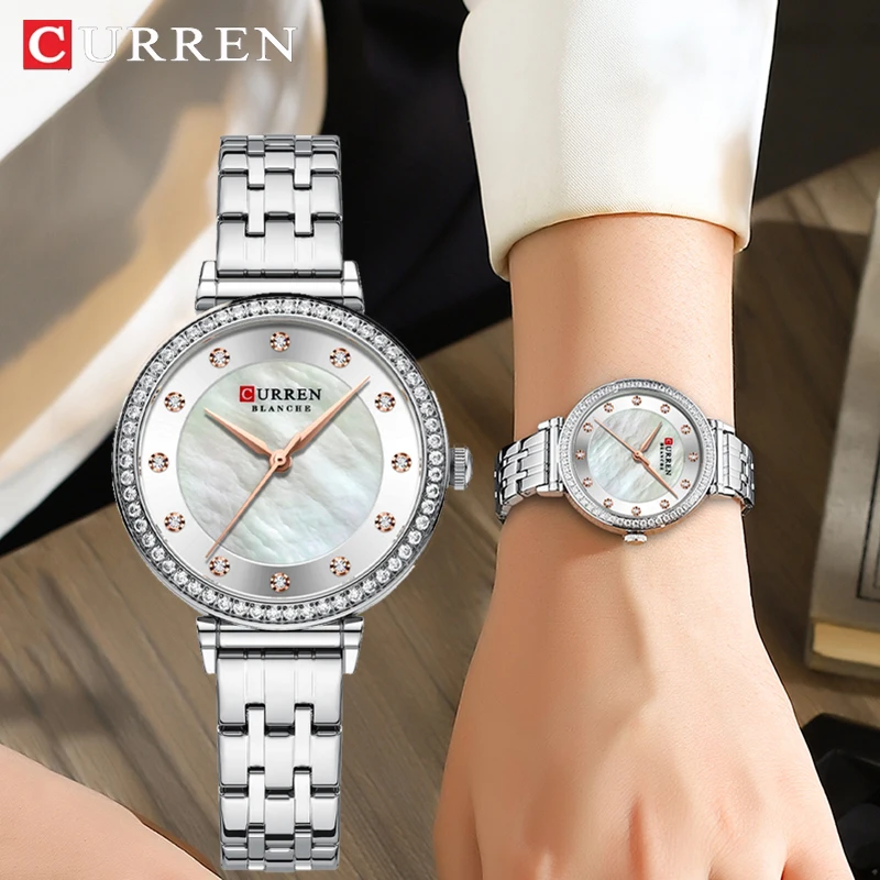 

CURREN Fashion Original Shell Dial with Rhinestones Stainless Steel Women's Watch Luxury Ladies Quartz Watches Waterproof Clocks