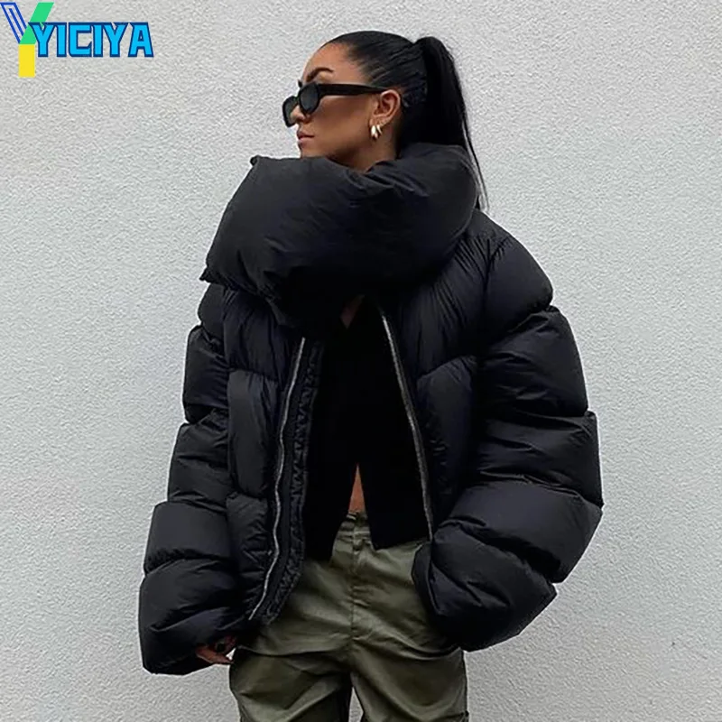 YICIYA Women's Winter Jacket Large Size 2023 Fashion Zipper Scarf Collar Puffer Short Coats High Street Outwear Casual Parkas