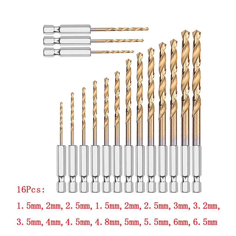 13/16 шт. 6,35 мм 1/4 шестигранный хвостовик 1,5-6,5 мм сверла из быстрорежущей стали HSS набор сверл с титановым покрытием аксессуары для электроинструментов