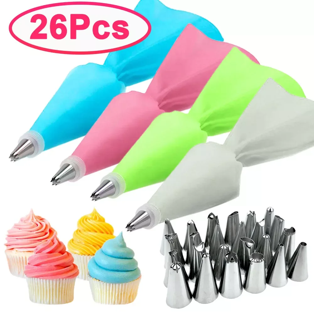 

NEW2022 8/26Pcs/Set Silicone Pastry Bag Tips Kitchen Cake Icing Piping Cream Cake Decorating Tools Reusable Pastry Bags+24 Nozzl