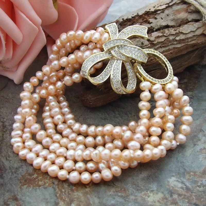 

8" 6 Strand Fresh Water 5-6mm Pink Pearl CZ Women's Buckle Bracelet