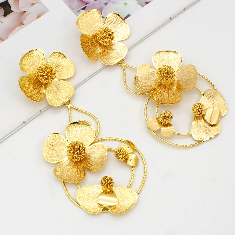 

Big Drop Dangle Flower Earrings For Women Trendy African Dubai Gold Color Cooper Jewelry Accessories Anniversary Party Gifts