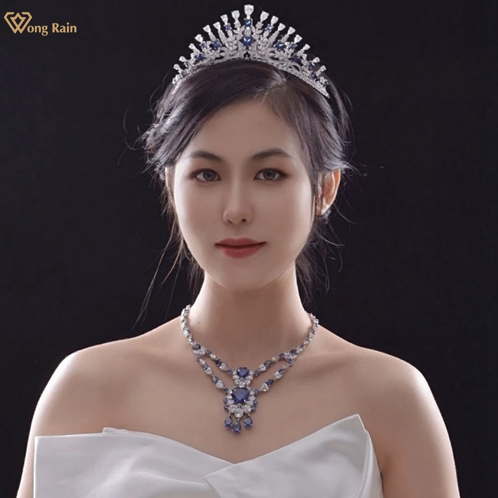 

Wong Rain, элегантный роскошный 100% 925 пробы, серебряный, модный сапфир, Полный Бриллиант, драгоценный камень, корона, ювелирное изделие, подарок