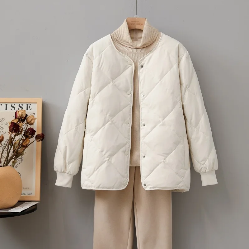 Корейское короткое свободное пуховое пальто с ромбической сеткой без воротника