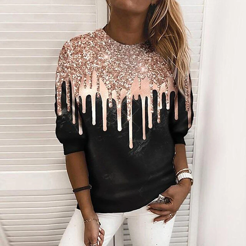 

Fashion Popular Shiny Patchwork Hoodie Lady Spring Autumn Long Sleeve O-neck Pullover Sweatshirt Women Elegant Loose Sweatshirt