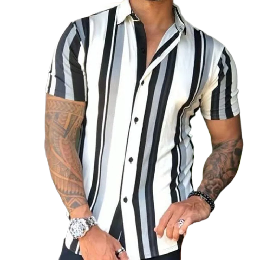 2022 Summer Men's Short-sleeved Shirt Simple Striped Print Cardigan European and American Fashion Comfortable Men's Shirt