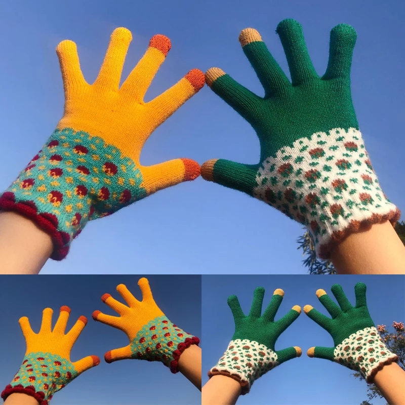 

Floral Knitted Gloves Women Plush Full Finger Gloves Touchscreen Gloves Cycling Driving Handed Cover Winter Thicken Warm Mittens